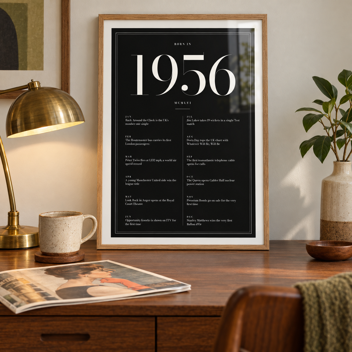 Black and ivory 1956 birth year print on a wall in a lived in room