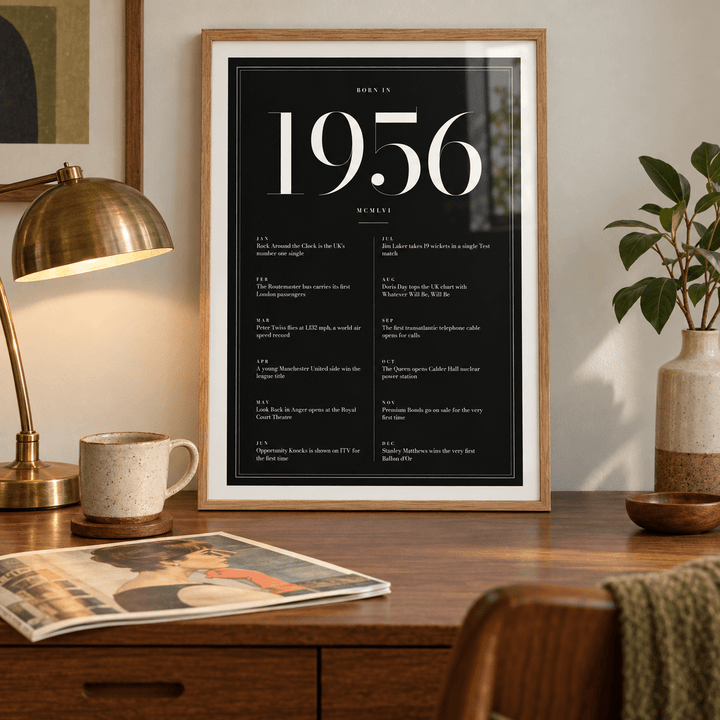 Black and ivory 1956 birth year print on a wall in a lived in room