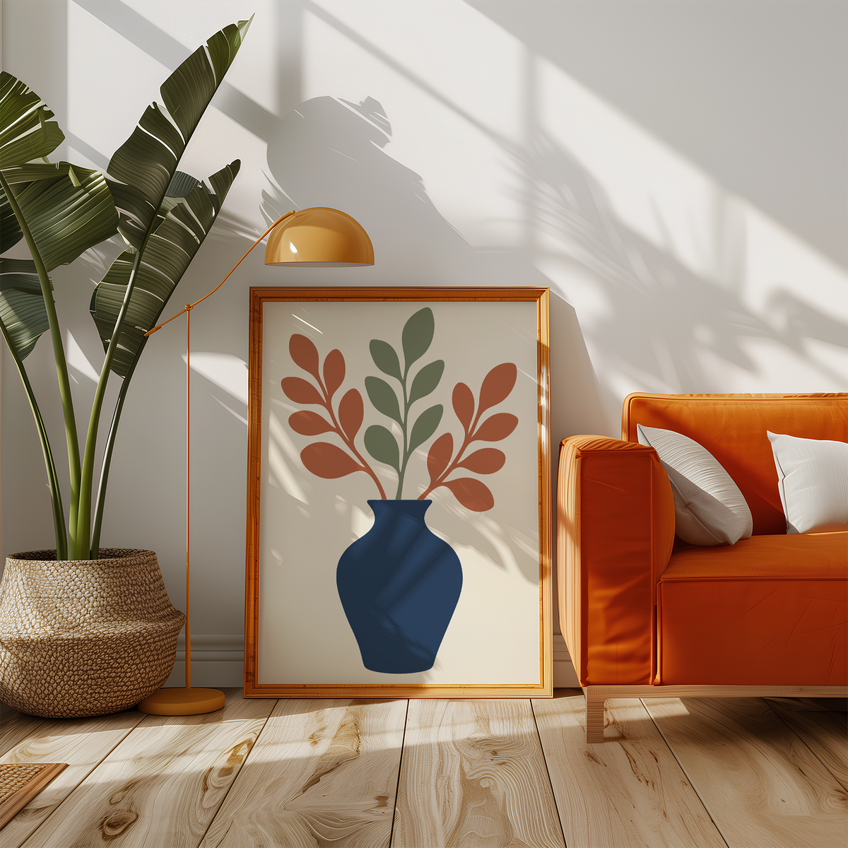 Navy vase of rust and sage stems beside an orange sofa in a sunny living room