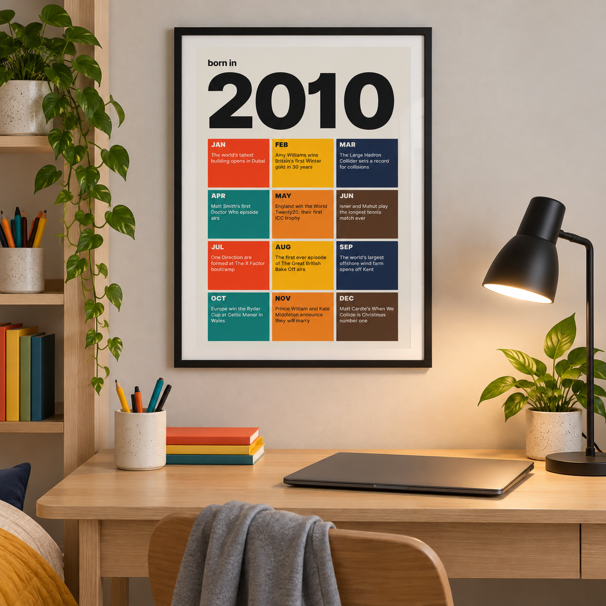 Colourful month by month print of 2010 on a wall in a lived in room