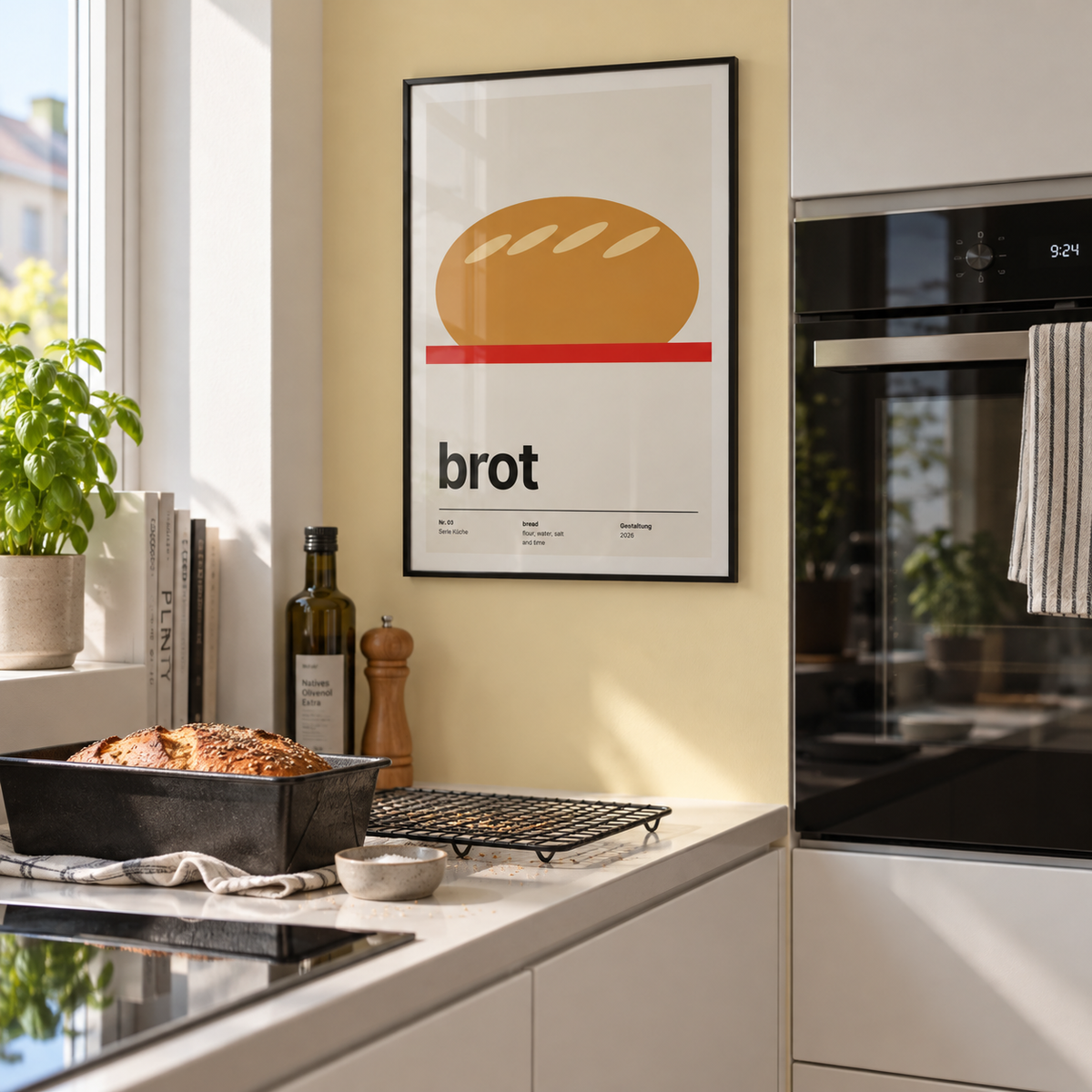 Swiss style bread kitchen print in an oven