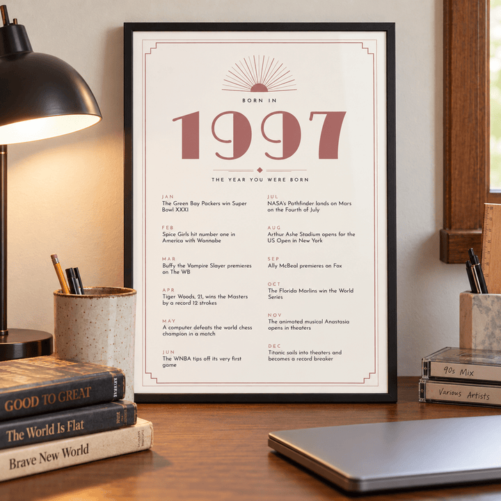 Cream and dusty rose Deco print of 1997 on a wall in a lived in room