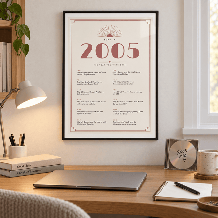 Cream and dusty rose Deco print of 2005 on a wall in a lived in room