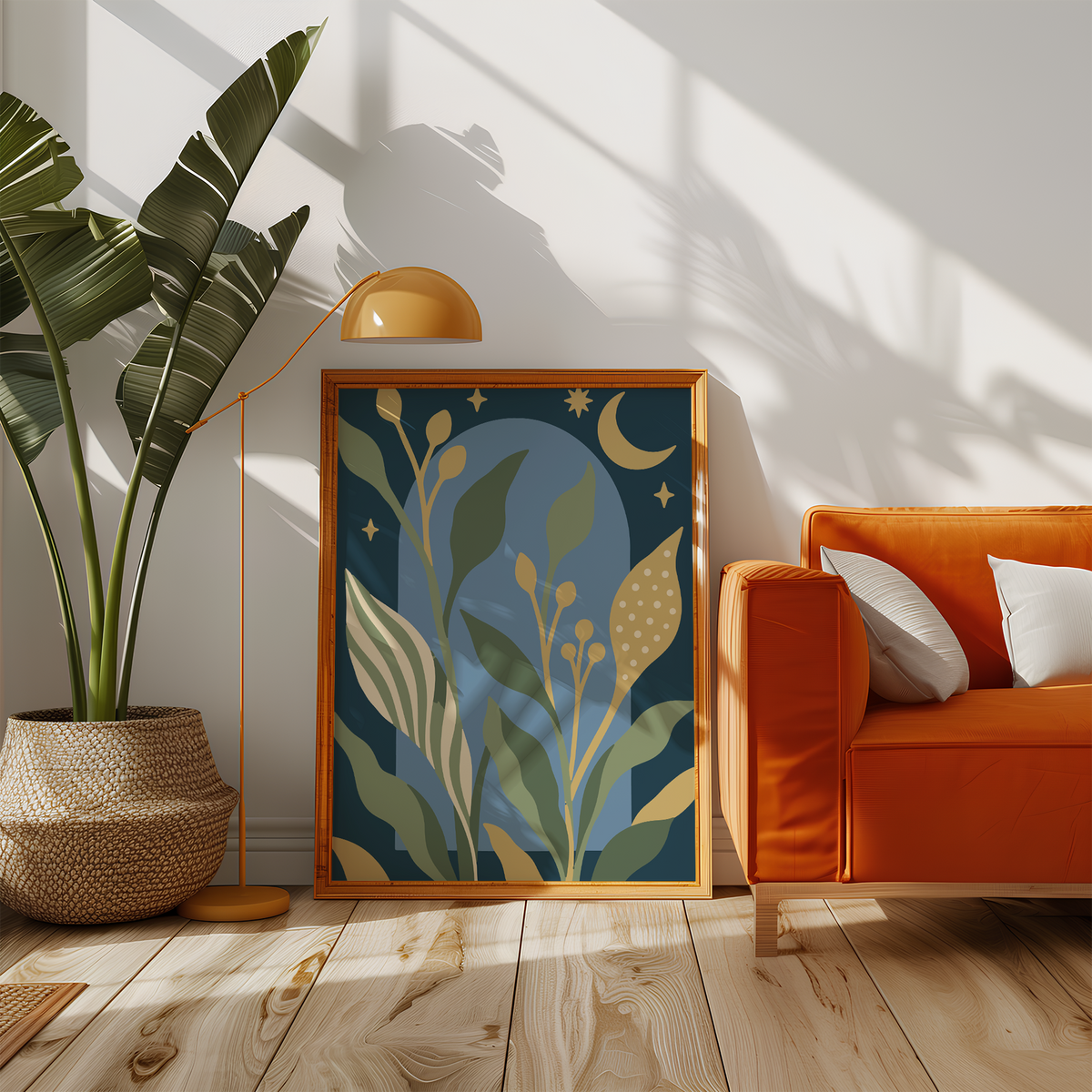Garden leaves under a crescent moon beside an orange sofa in a sunny living room