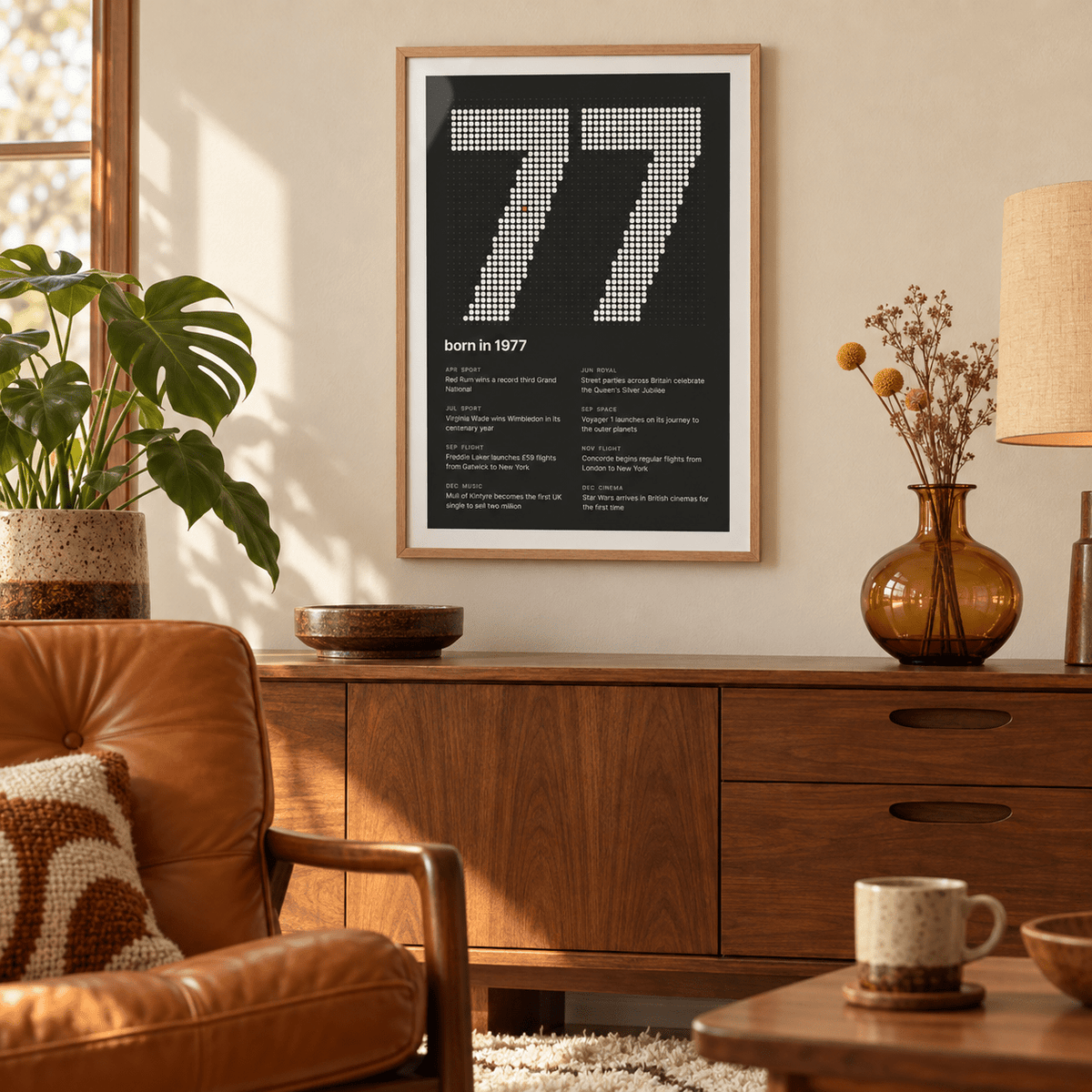 Charcoal halftone print of the year 1977 on a wall in a lived in room