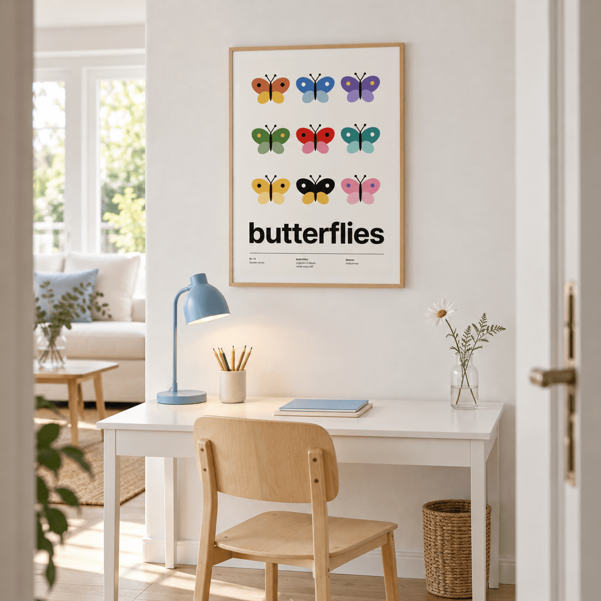 Nine colourful butterflies in a grid above a desk in a playful study corner
