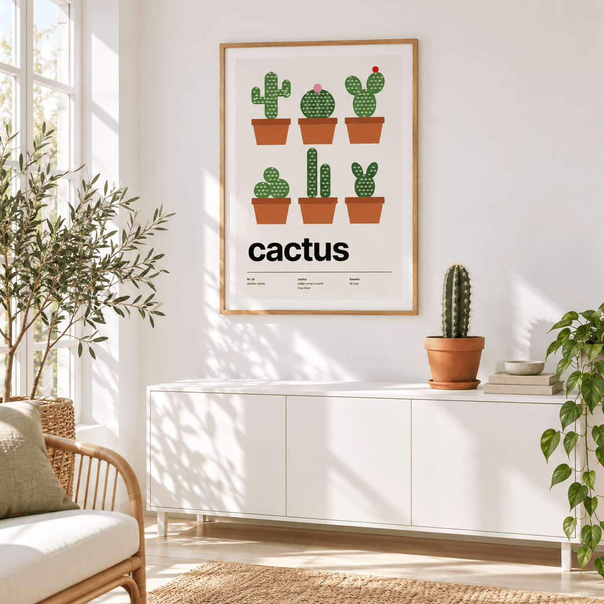 Six cacti in terracotta pots in a white sunroom with natural light