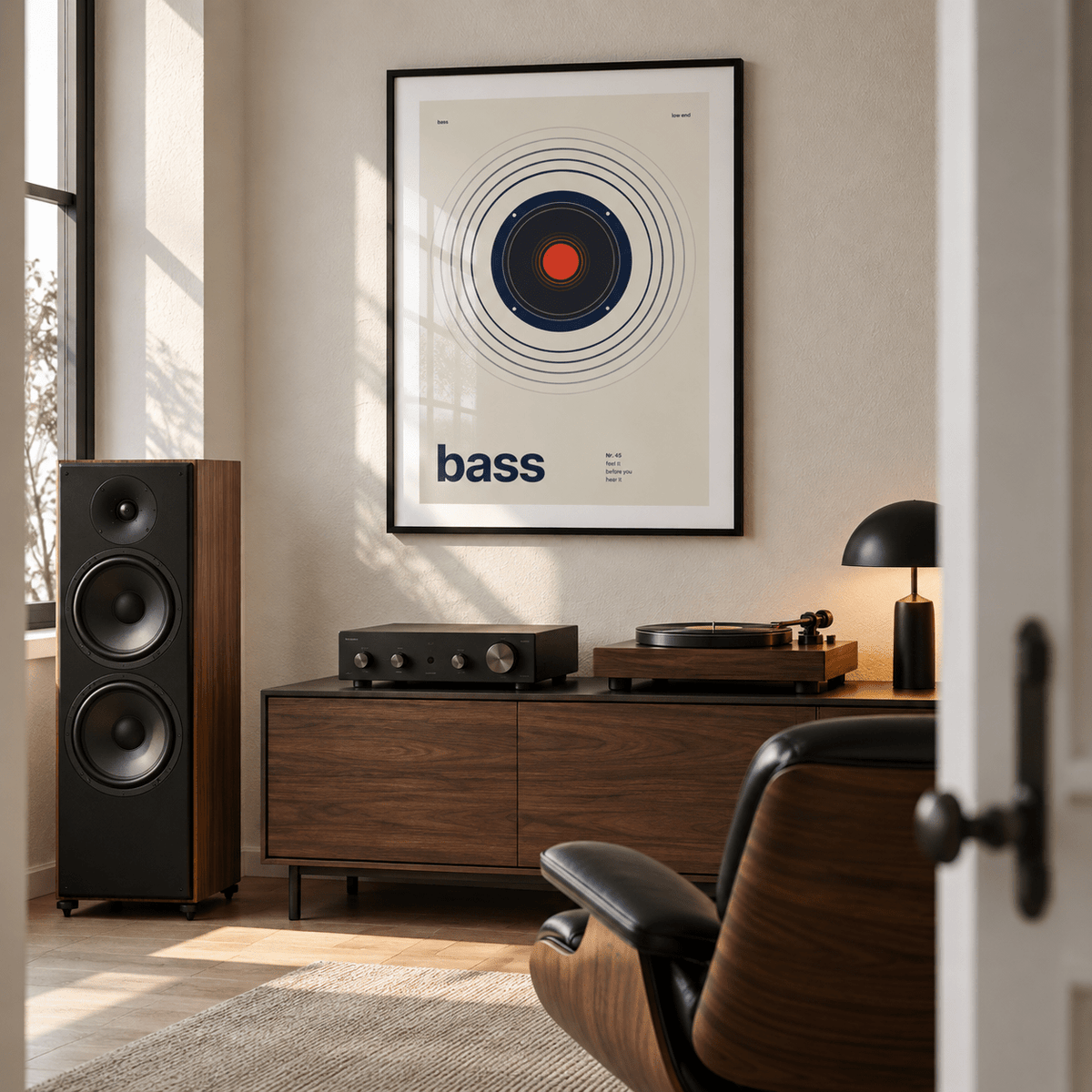 Navy speaker driver with red cap print above a home music desk