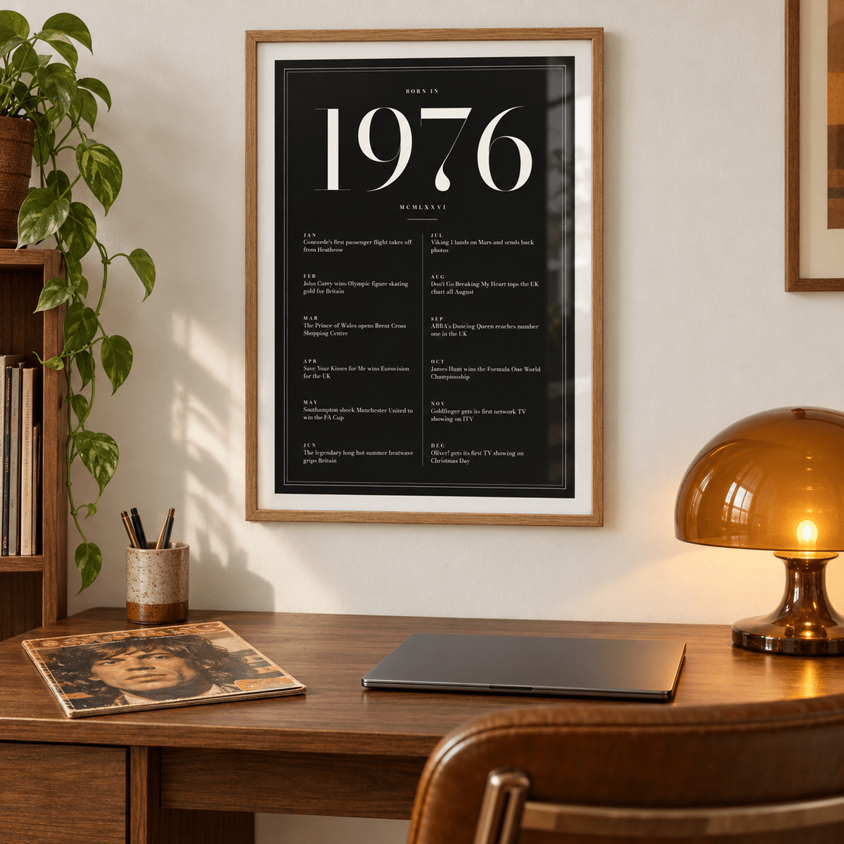 Black and ivory 1976 birth year print on a wall in a lived in room