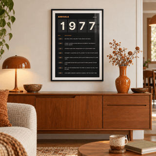 Arrivals board print with 1977 on flap tiles on a wall in a lived in room