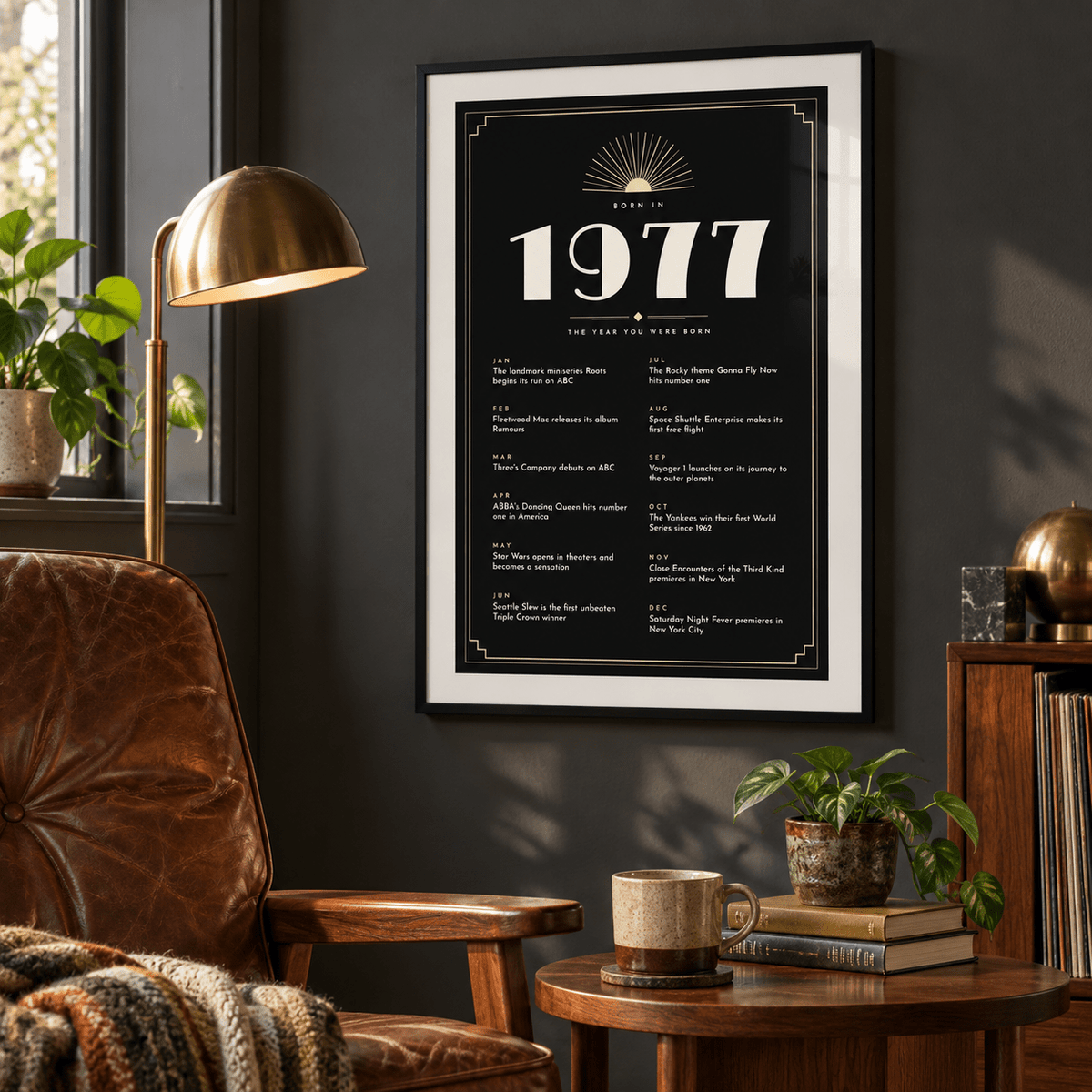 Black and champagne Art Deco 1977 print on a wall in a lived in room