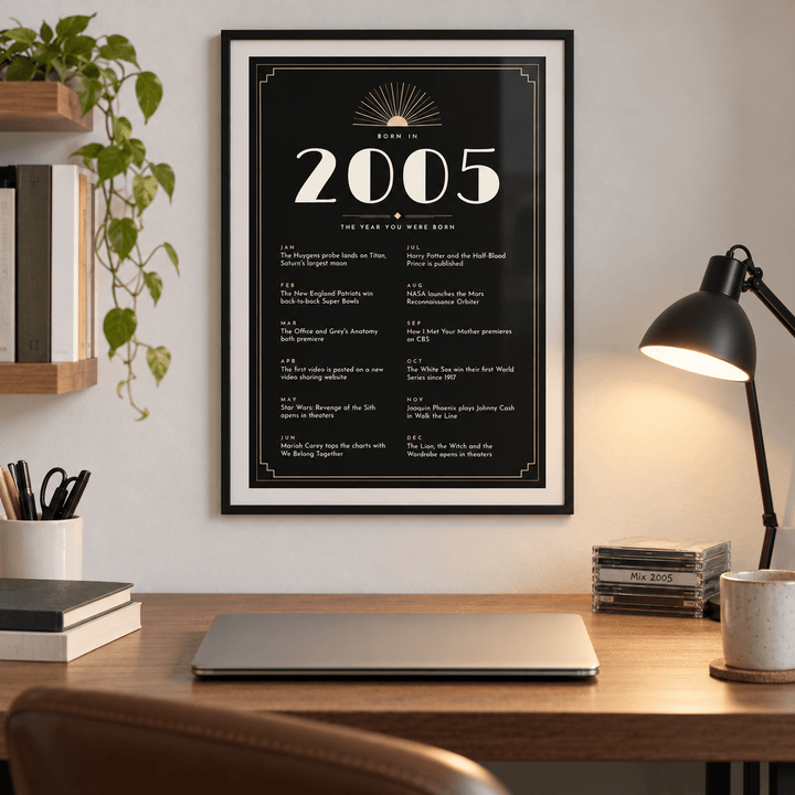 Black and champagne Art Deco 2005 print on a wall in a lived in room
