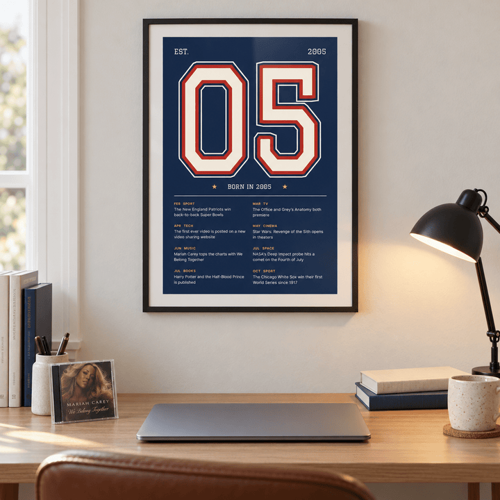 Navy varsity print of 2005 on a wall in a lived in room