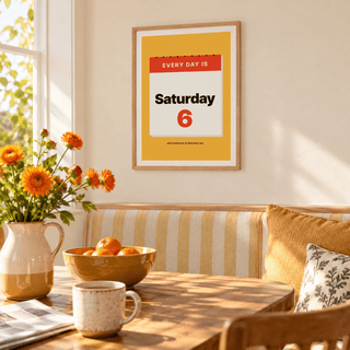 Tear off calendar retirement print above a breakfast table in a family kitchen