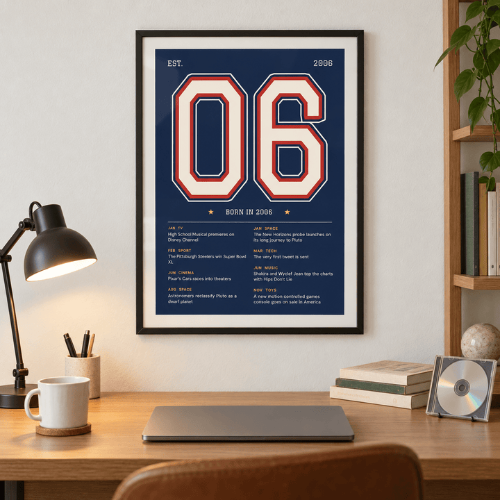 Navy varsity print of 2006 on a wall in a lived in room