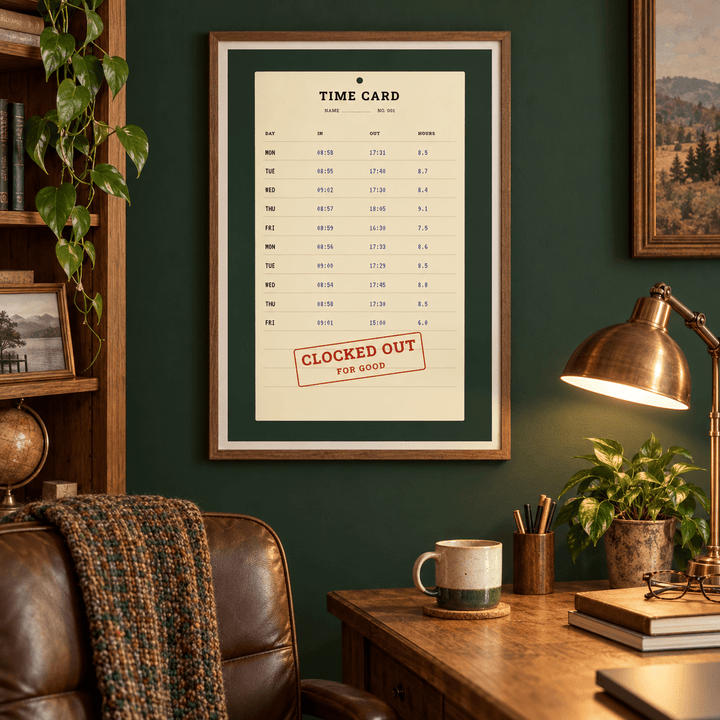 Vintage time card retirement print above a desk in a quiet home study