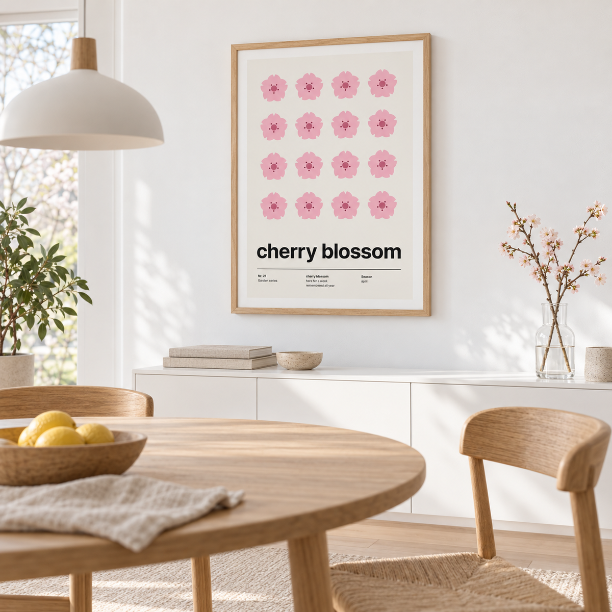 Sixteen pink cherry blossoms in a grid above a table in a light dining room