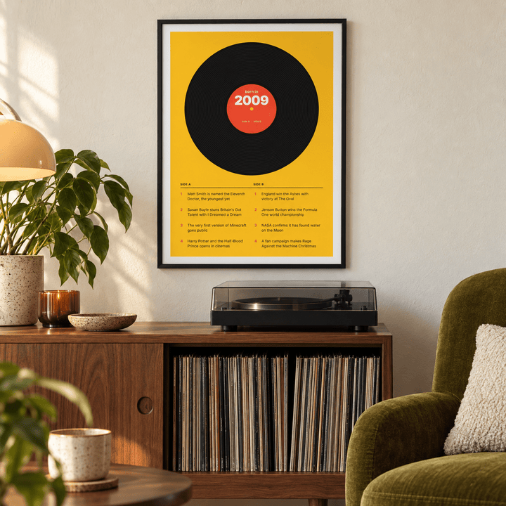 Black vinyl record print with a 2009 label on a wall in a lived in room