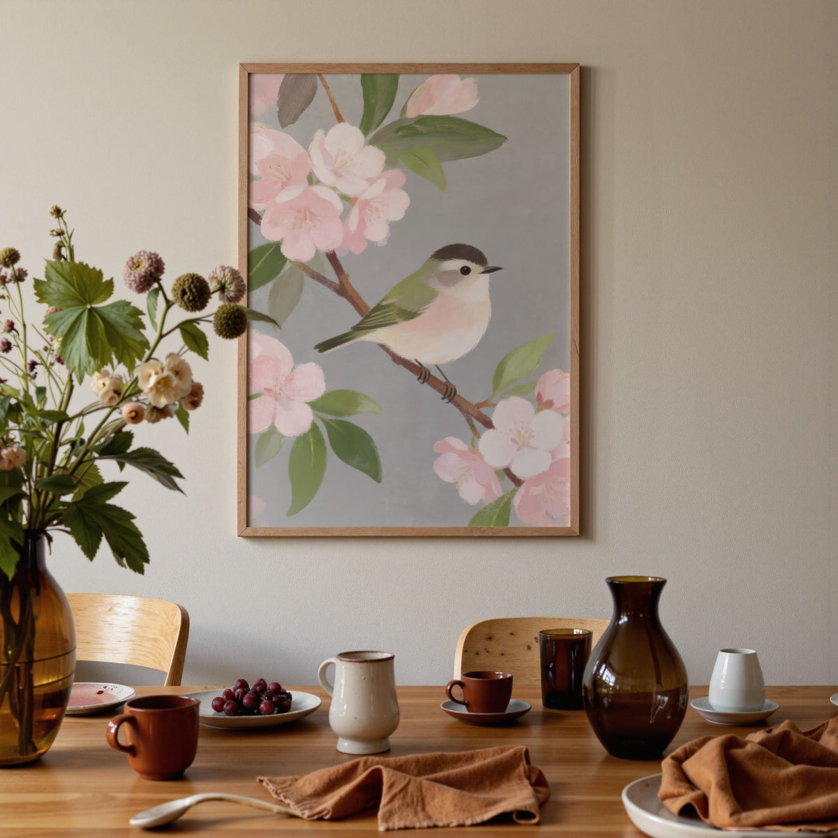 Botanical Bird wall art of small bird on branch among pink blossoms in dining room with table settings