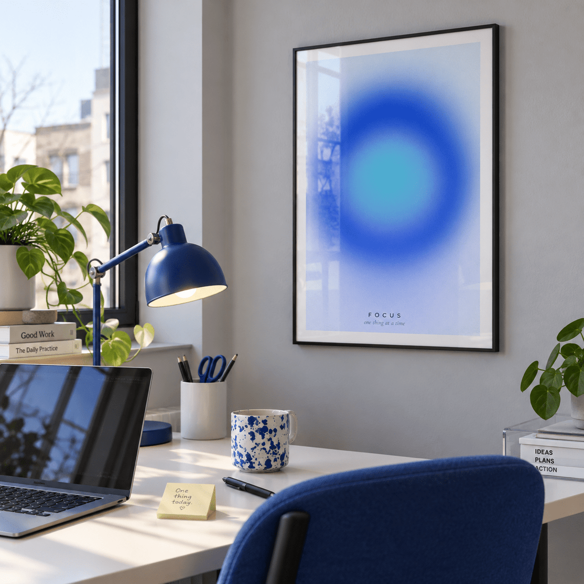 Blue halo gradient print with small caps in a home office