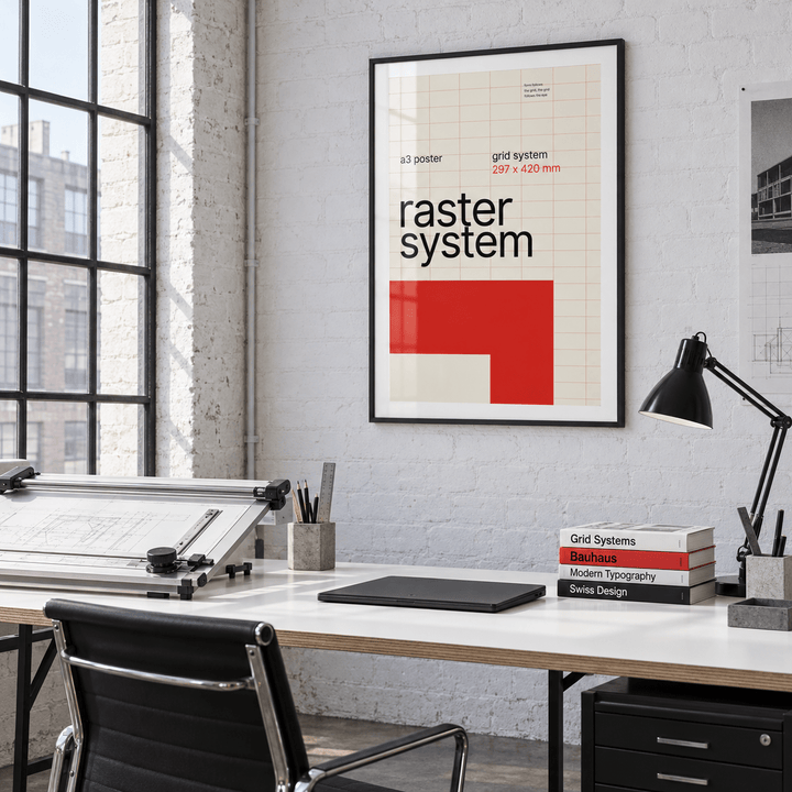 Modernist grid print with red block above a desk in a home office