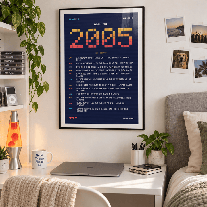 Eight bit 2005 high score print on a wall in a lived in room