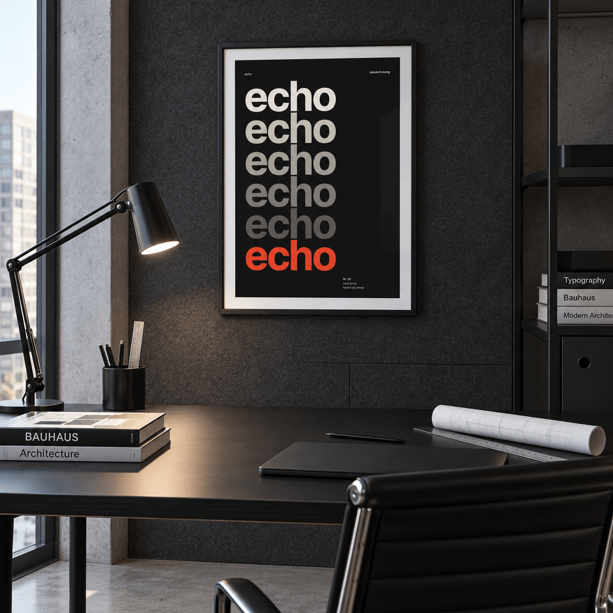 Echo typography fading to red print above a desk in a home office