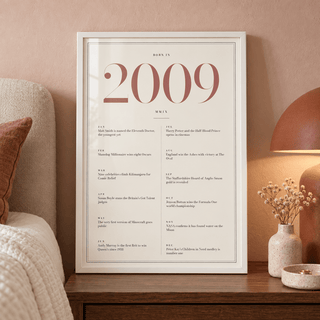 Cream and dusty rose 2009 birth year print on a wall in a lived in room