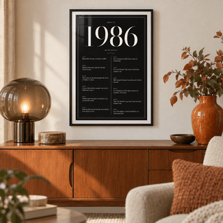 Black and ivory 1986 birth year print on a wall in a lived in room