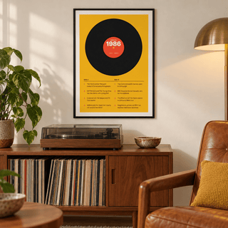 Black vinyl record print with a 1986 label on a wall in a lived in room