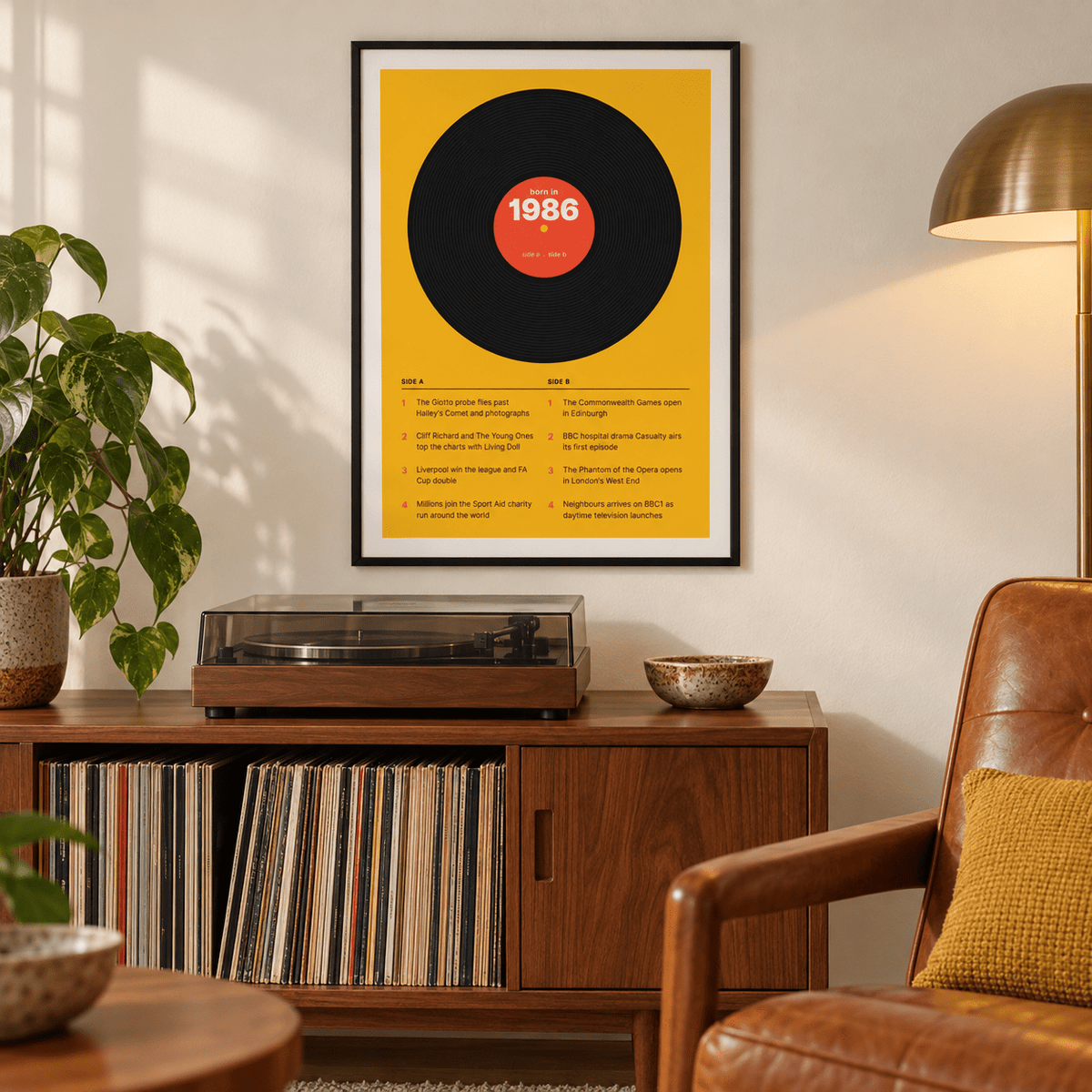 Black vinyl record print with a 1986 label on a wall in a lived in room