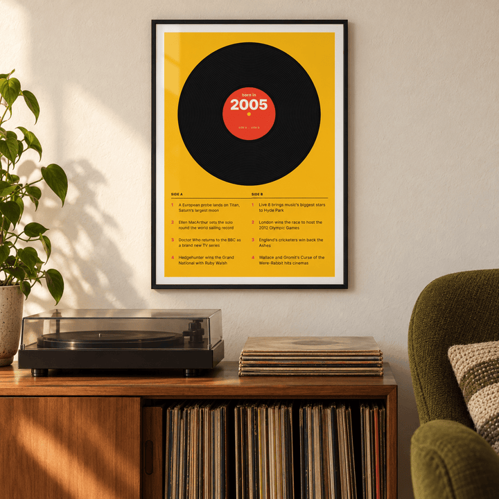 Black vinyl record print with a 2005 label on a wall in a lived in room