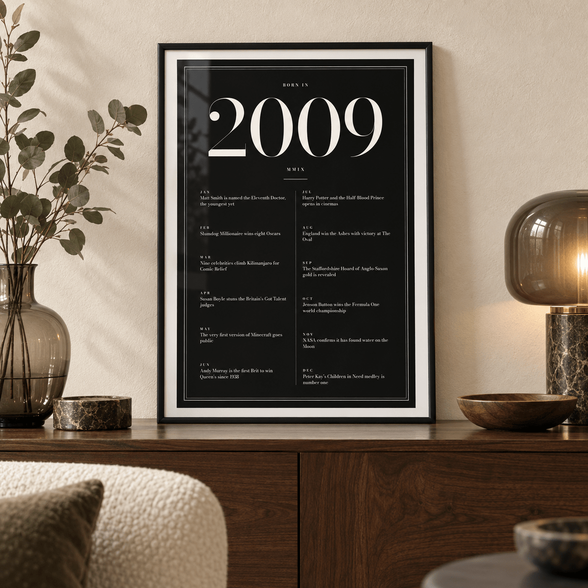 Black and ivory 2009 birth year print on a wall in a lived in room