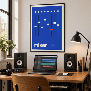 Cobalt blue mixer with one red fader print above a home music desk