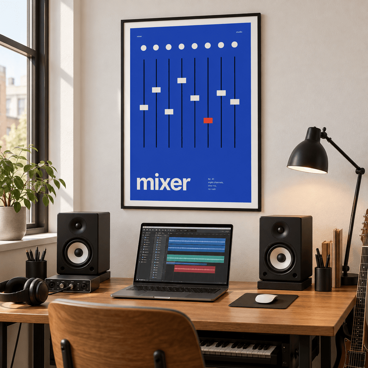 Cobalt blue mixer with one red fader print above a home music desk