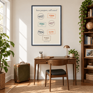 Travel stamps print in a study filled with travel books