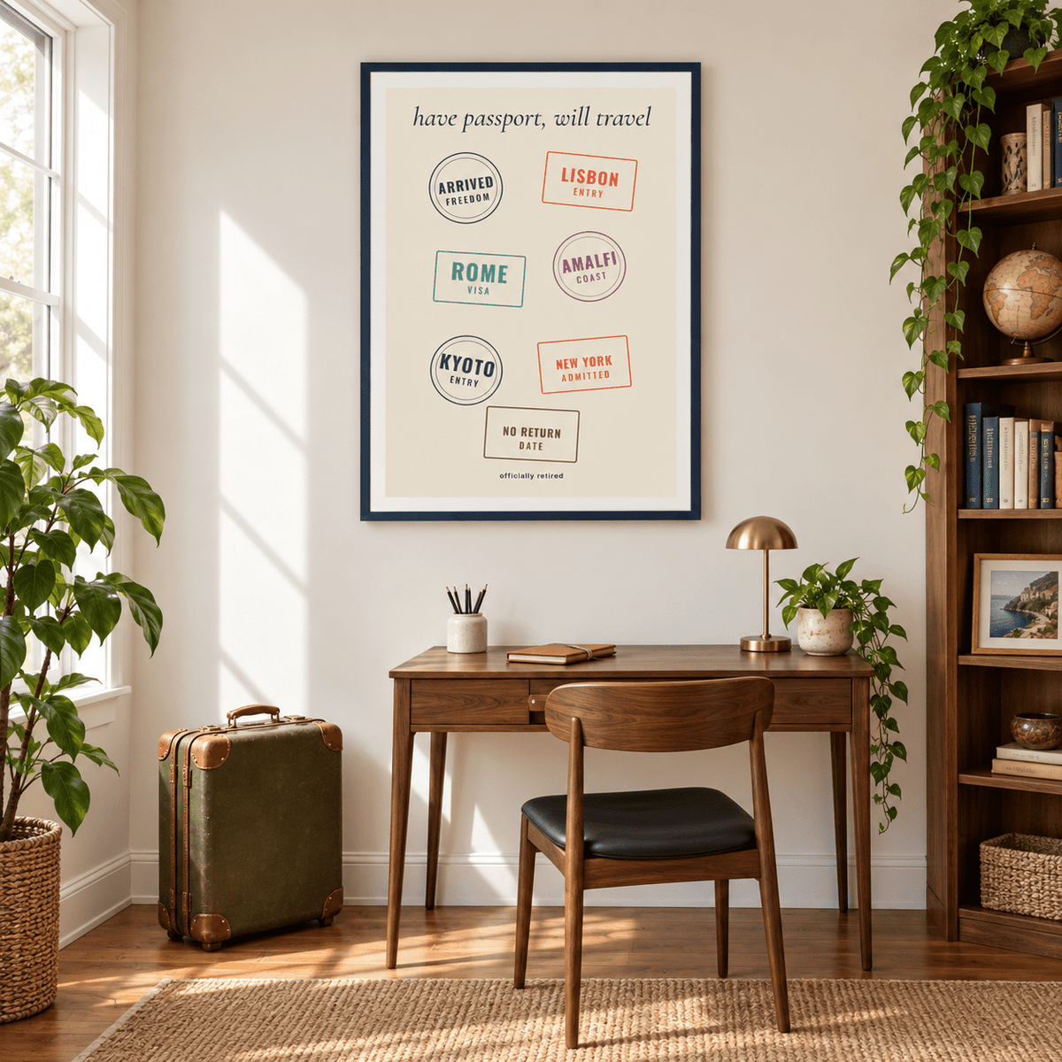 Travel stamps print in a study filled with travel books
