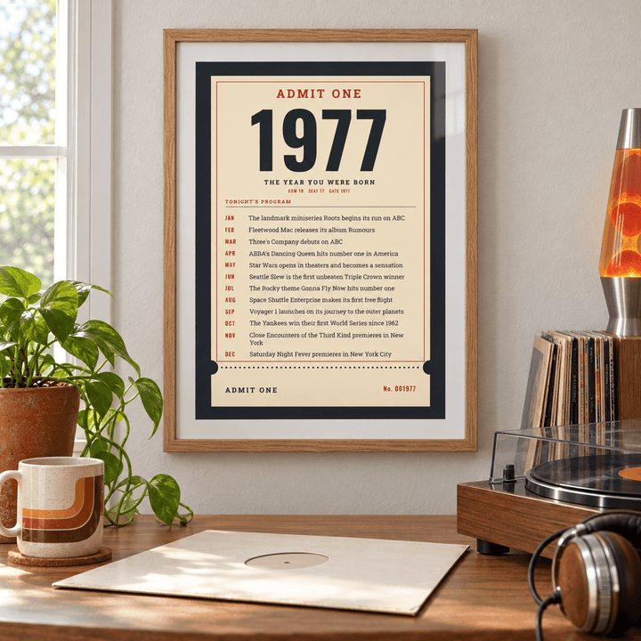 Ticket stub print with the year 1977 on a wall in a lived in room