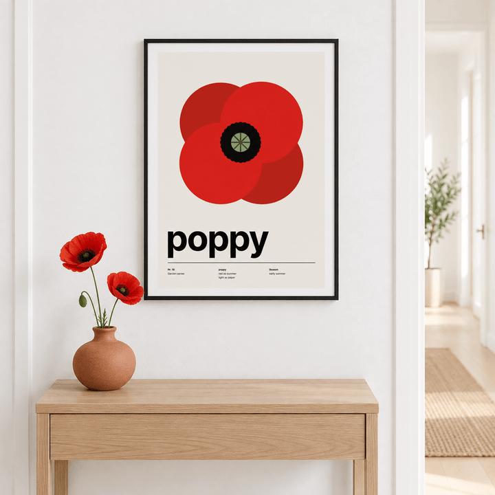 Single summer poppy from above above a console table with a single red poppy