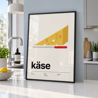 Emmental wedge with red knife print in a kitchen peninsula against a blue wall