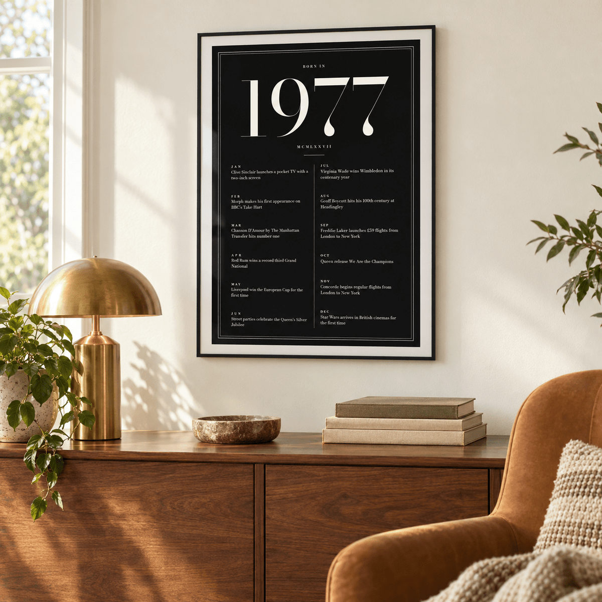 Black and ivory 1977 birth year print on a wall in a lived in room