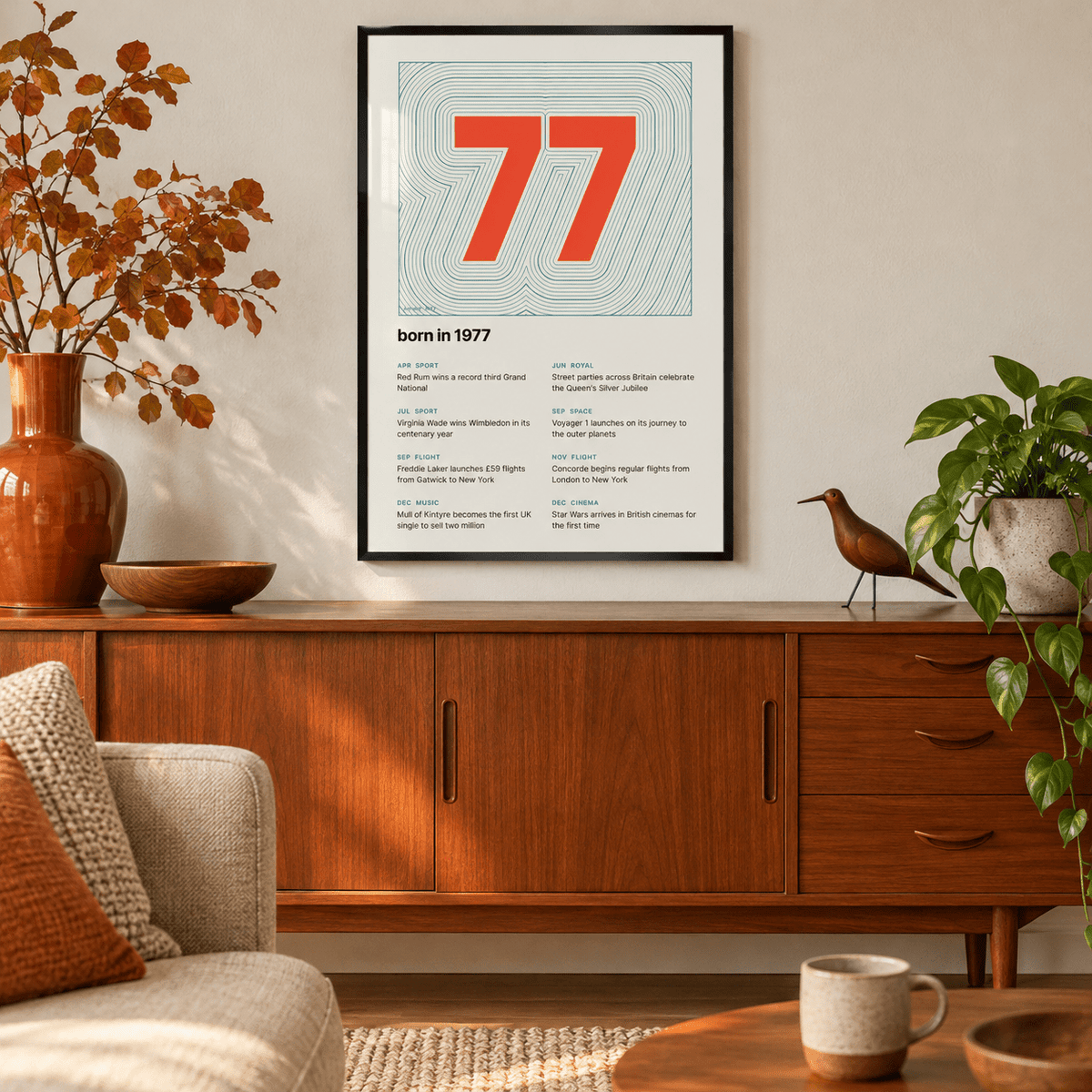 Teal contour line print with a vermilion 1977 on a wall in a lived in room