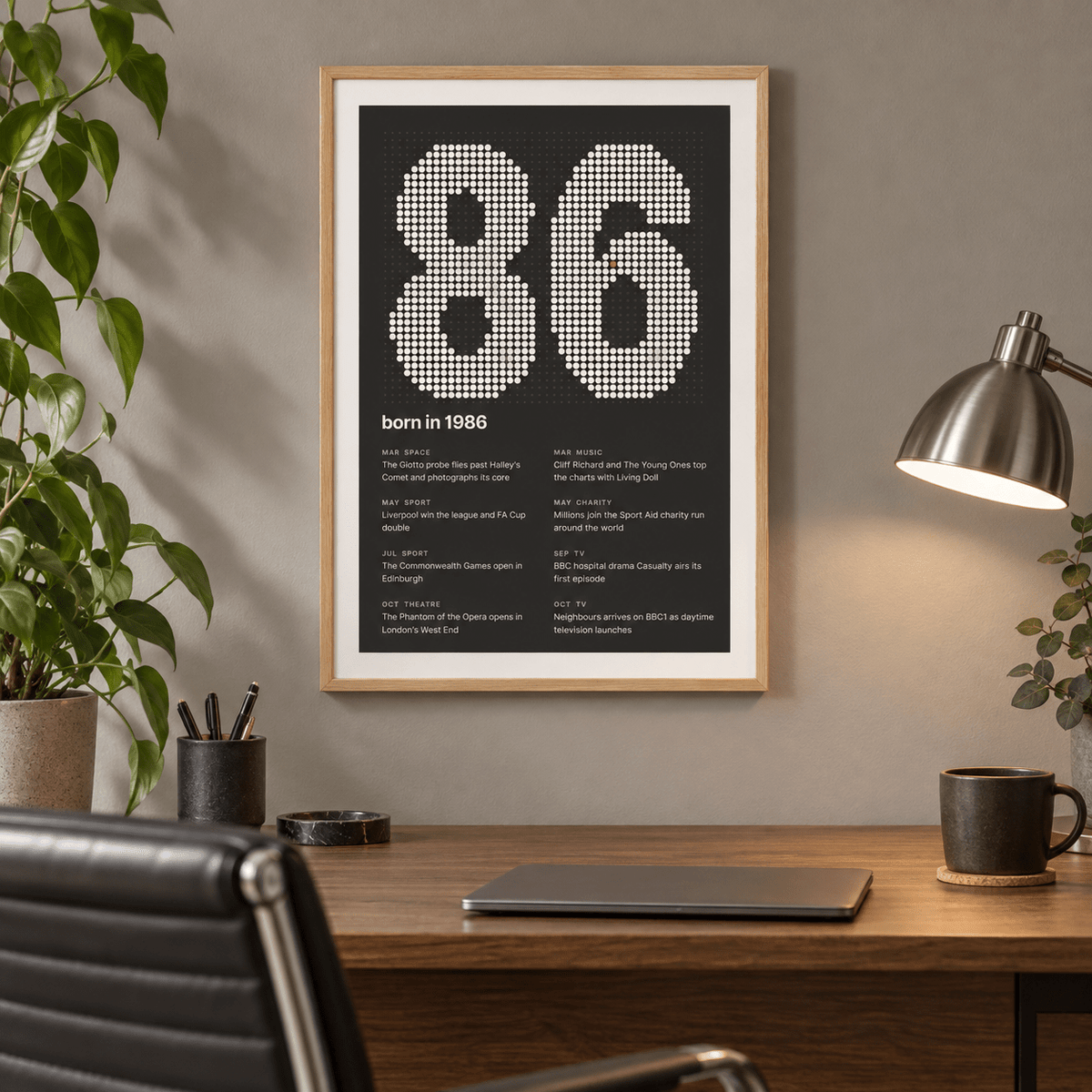 Charcoal halftone print of the year 1986 on a wall in a lived in room