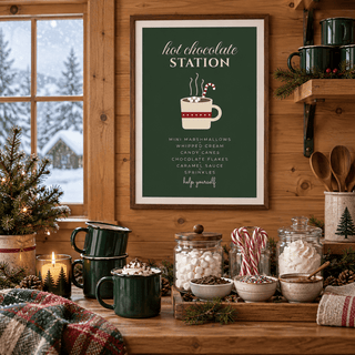 Festive hot chocolate sign print in an alpine cabin at Christmas