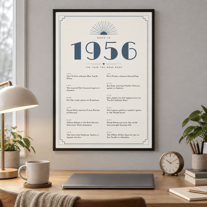Cream and slate blue Deco print of 1956 on a wall in a lived in room