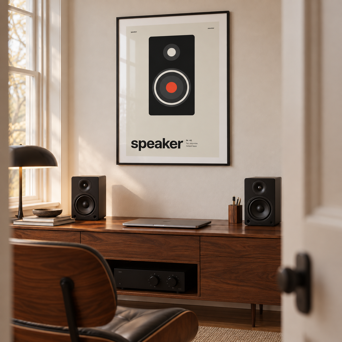 Studio speaker with red cone print above a home music desk