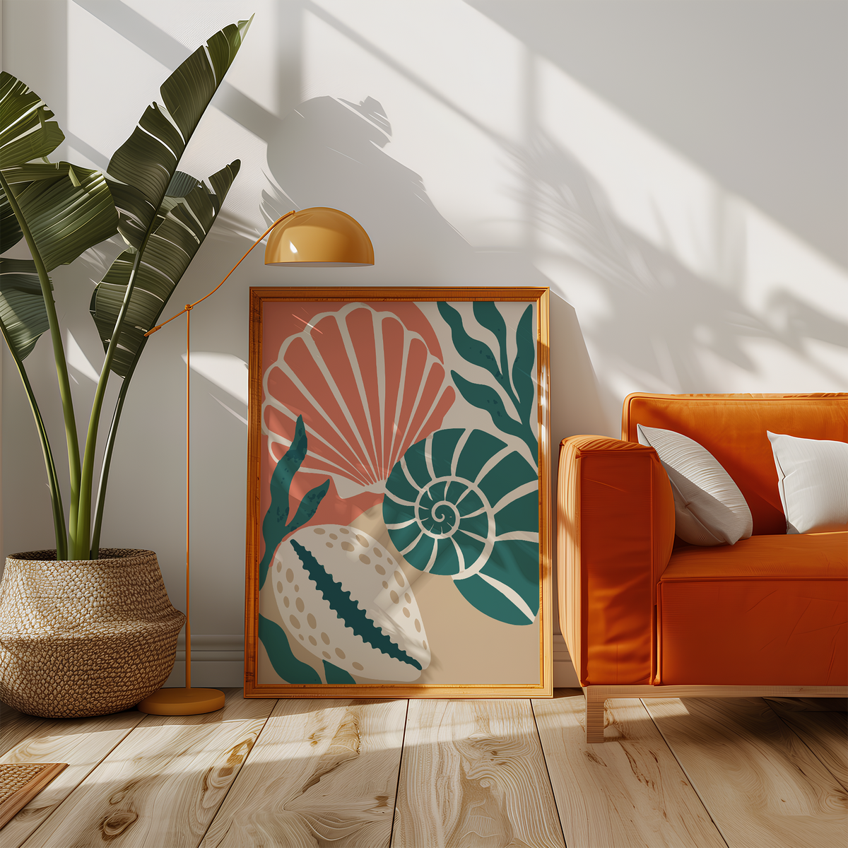 Coral scallop and teal spiral shell beside an orange sofa in a sunny living room