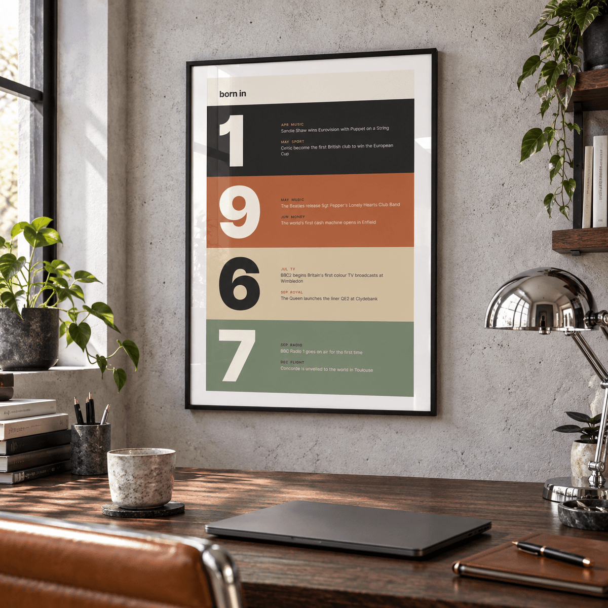 Charcoal terracotta sand and sage 1967 print on a wall in a lived in room