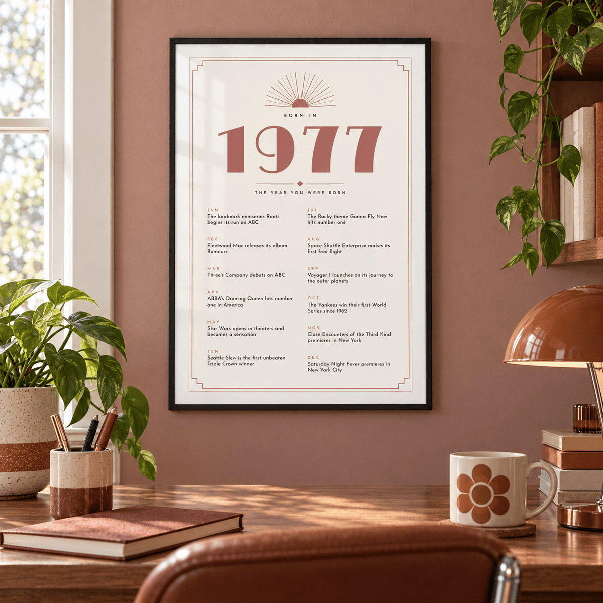 Cream and dusty rose Deco print of 1977 on a wall in a lived in room