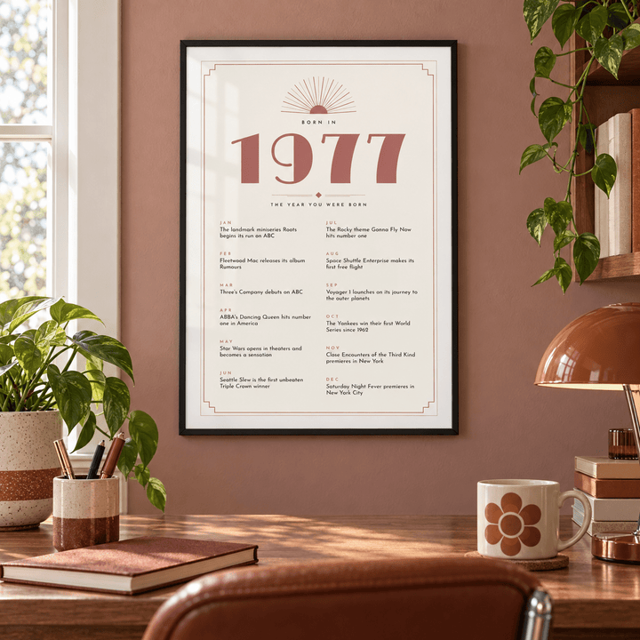Cream and dusty rose Deco print of 1977 on a wall in a lived in room